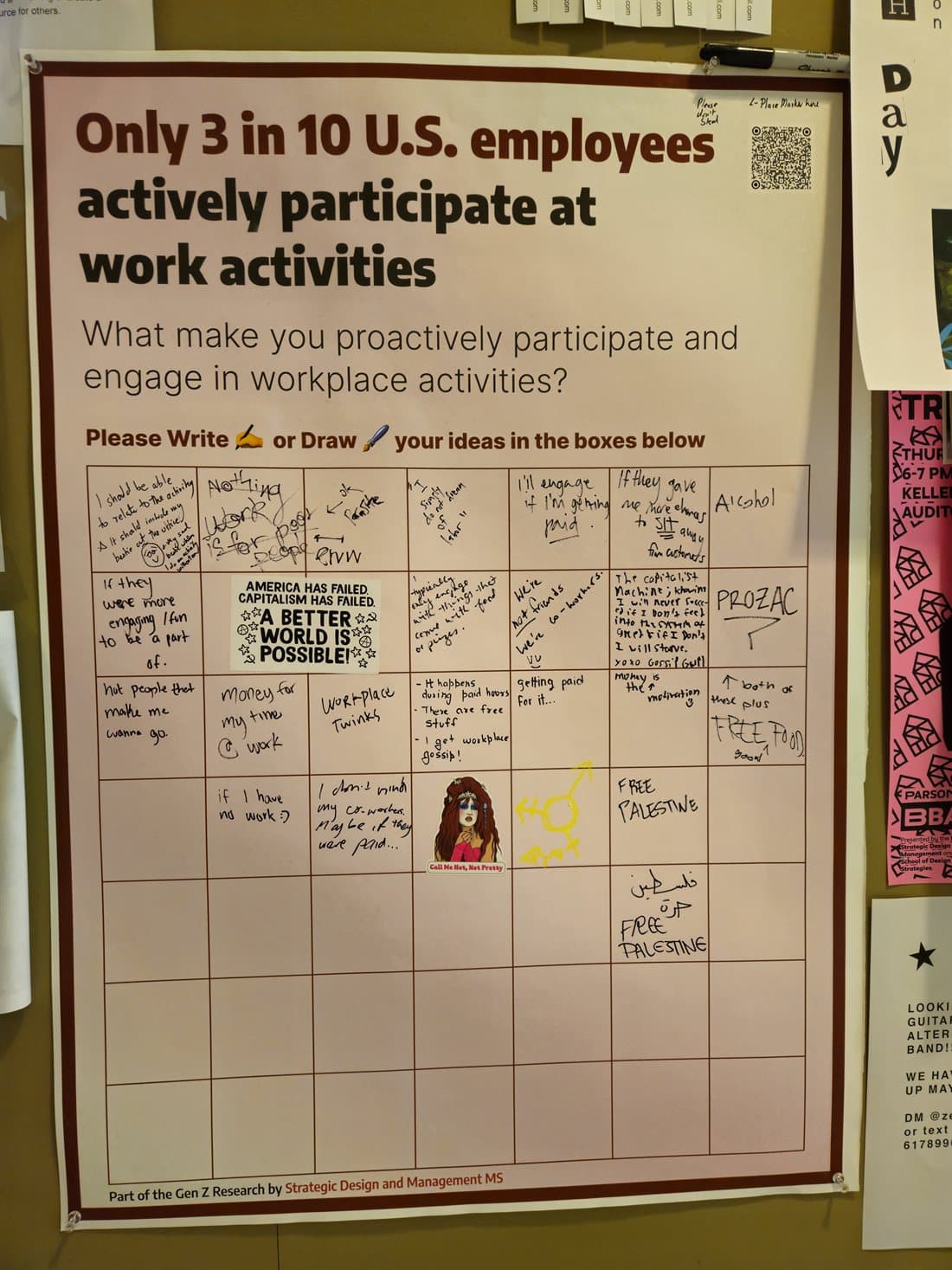 Campus poster: 3 in 10 — U.S. employees actively participate in workplace activities.